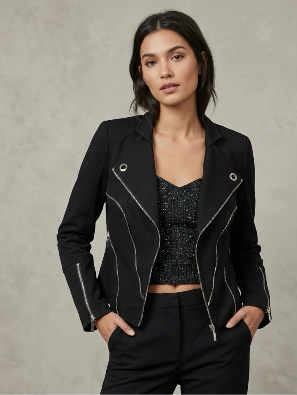 Lena Gabrielle Black Moto-Inspired Blazer with Silver Hardware size 12